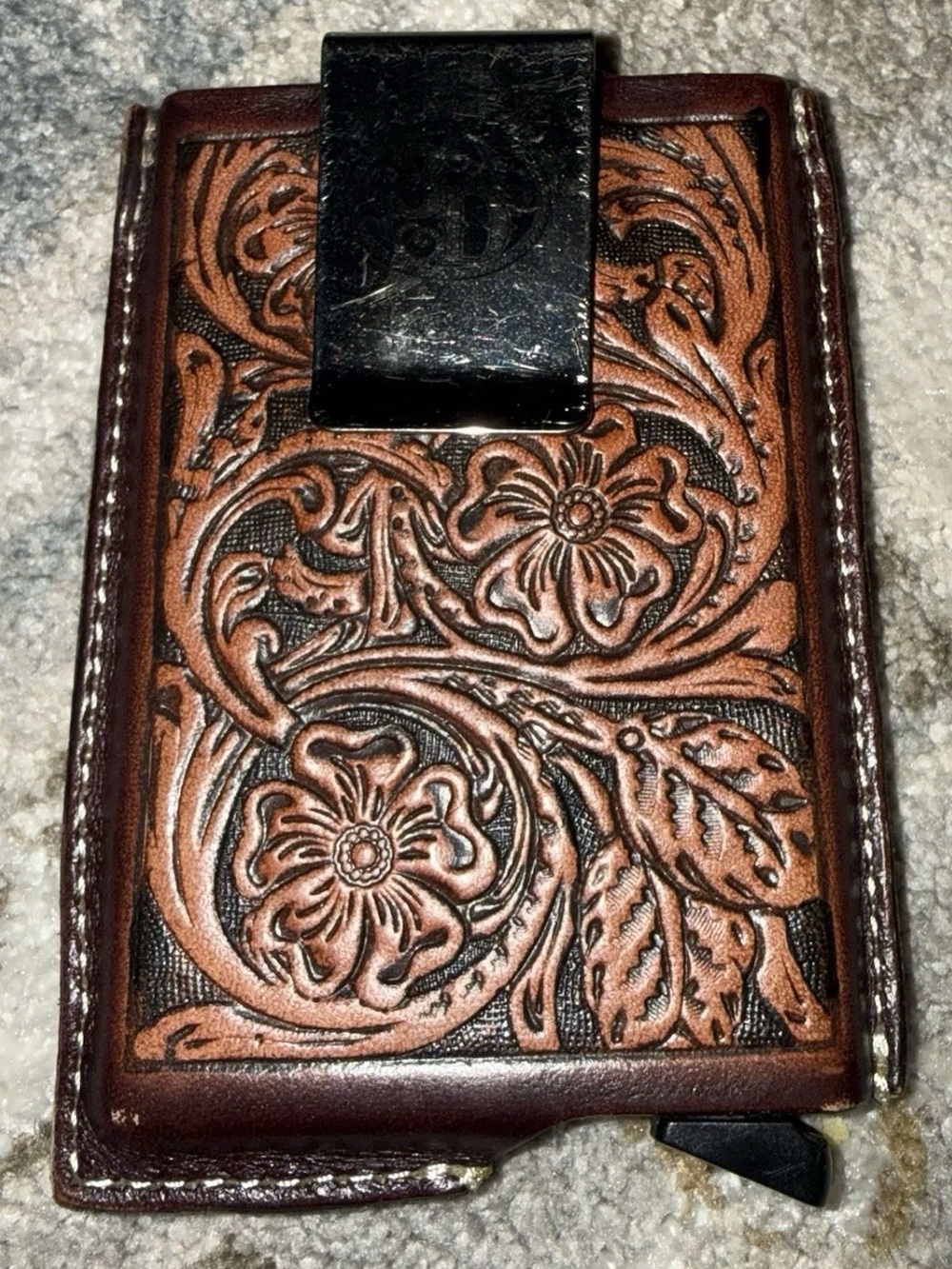 3D Tooled Floral Leather Money Clip Wallet - Brown